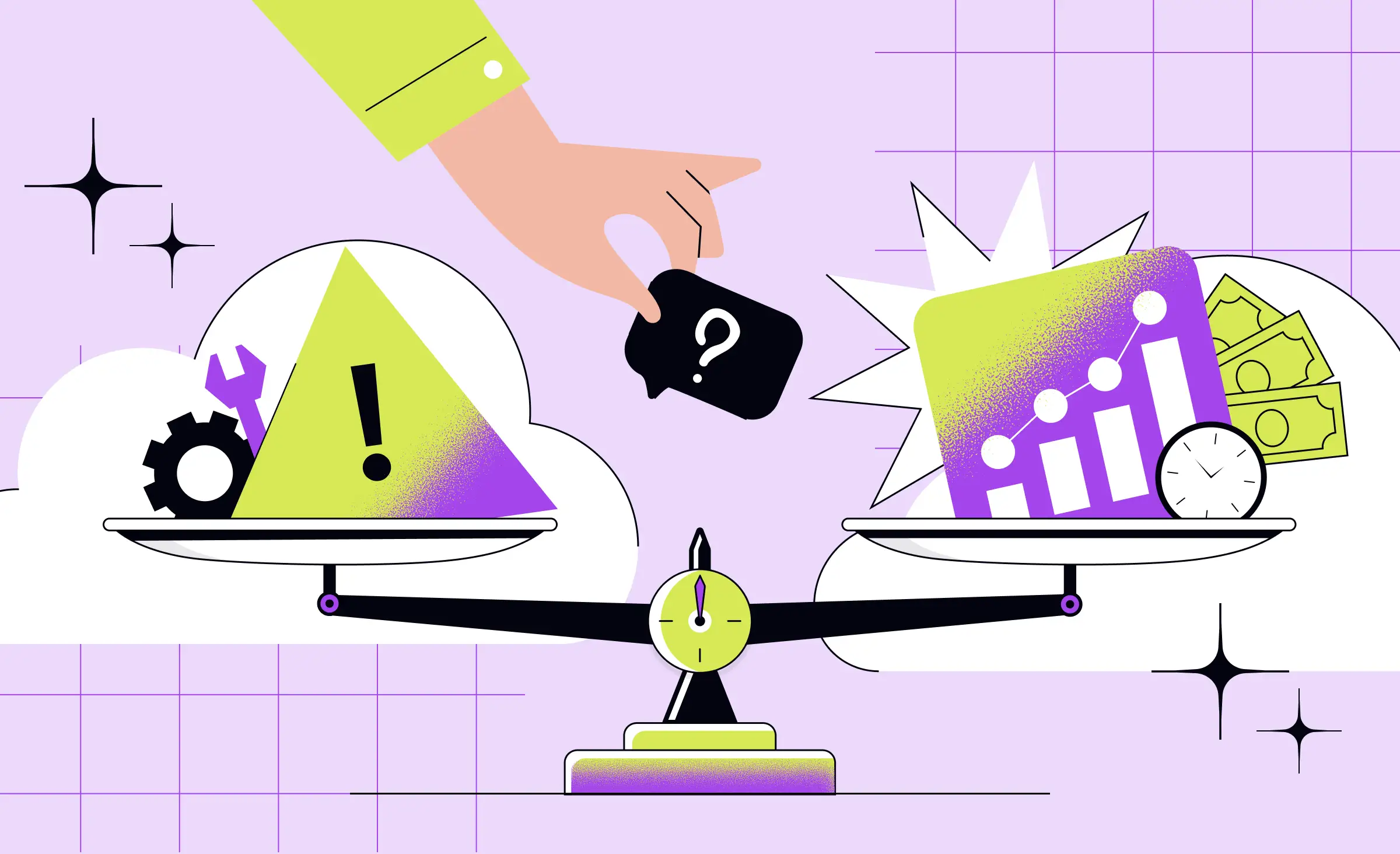 Illustration of a balance scale weighing two contrasting elements: one side shows technical risks and tools, represented by a warning triangle and gear, while the other side shows growth and financial rewards, represented by a graph and money. A hand is adding a question mark to the scale, symbolizing the decision-making process involved in managing technical debt strategies.
