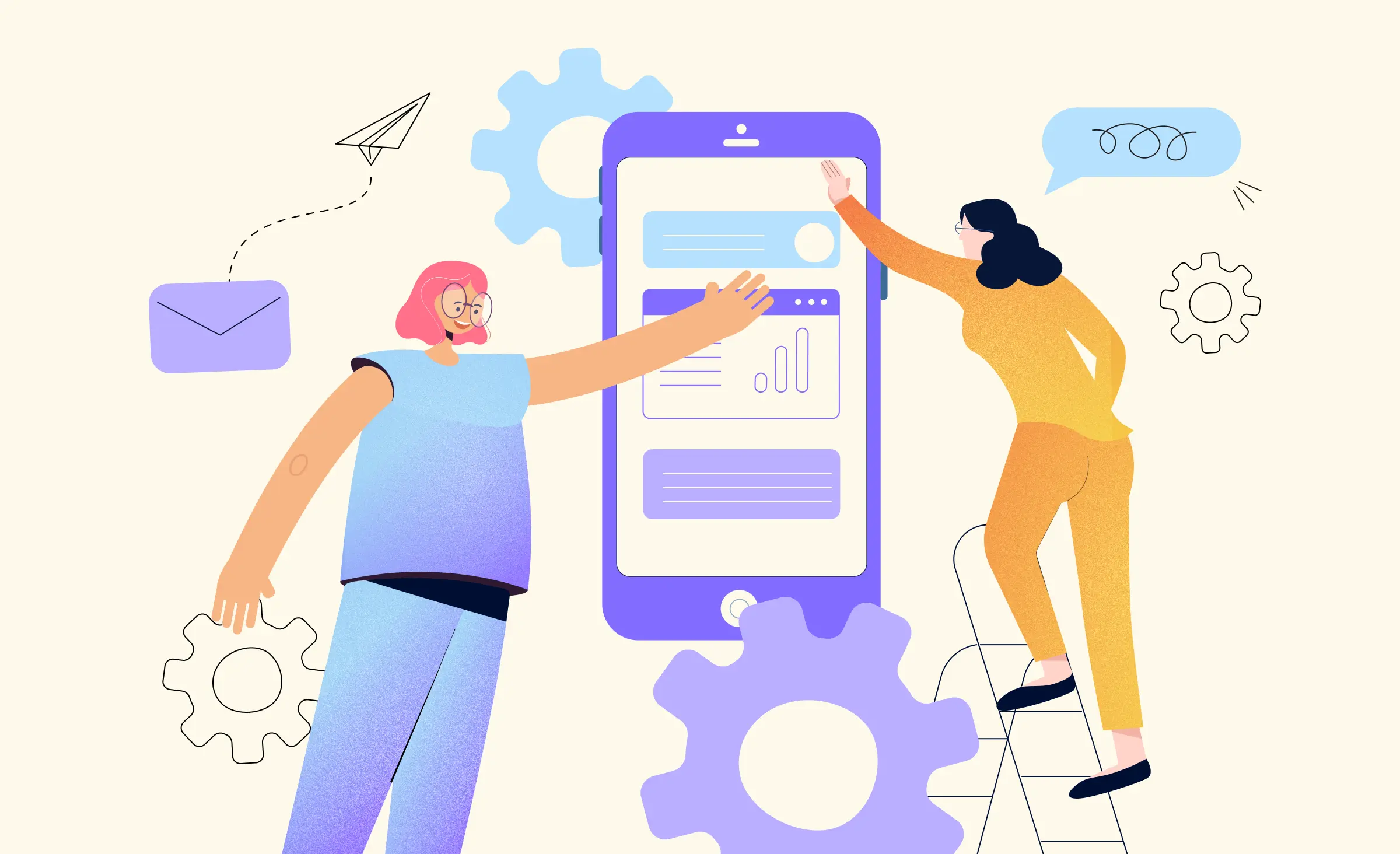 The cover of the article on rapid enterprise application development features two women. One woman, with pink hair, wearing purple clothes and glasses, is raising her hand towards a mobile app interface. the other woman, with black hair, glasses, and wearing yellow clothes, stands on a stepladder as she builds the interface.