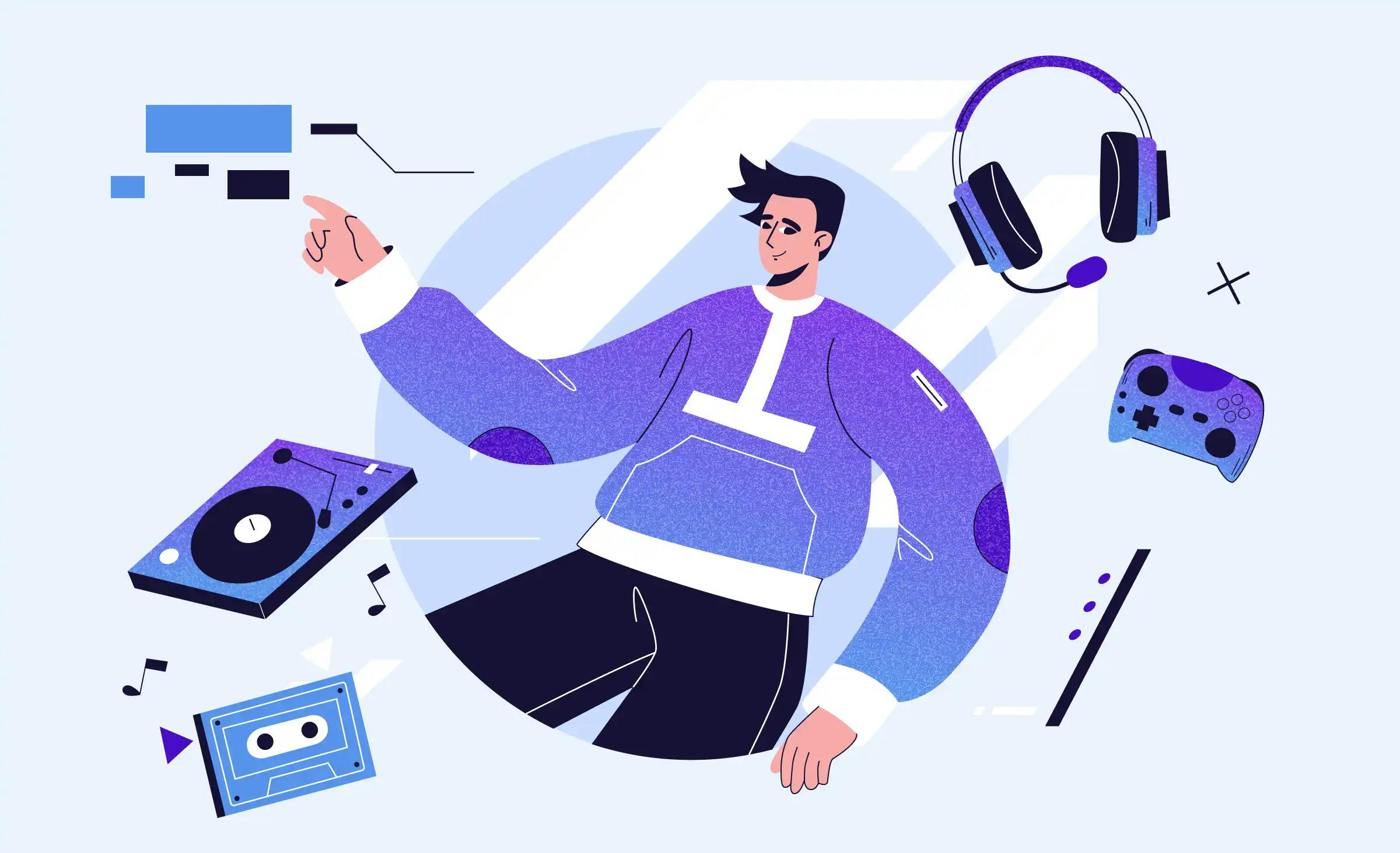 The cover depicts the article content dedicated to media and entertainment software development. In the picture, we see a young man pointing to the interface elements. Various items surround him, including headphones, a flute, a gaming controller, a phonograph, and a cassette.
