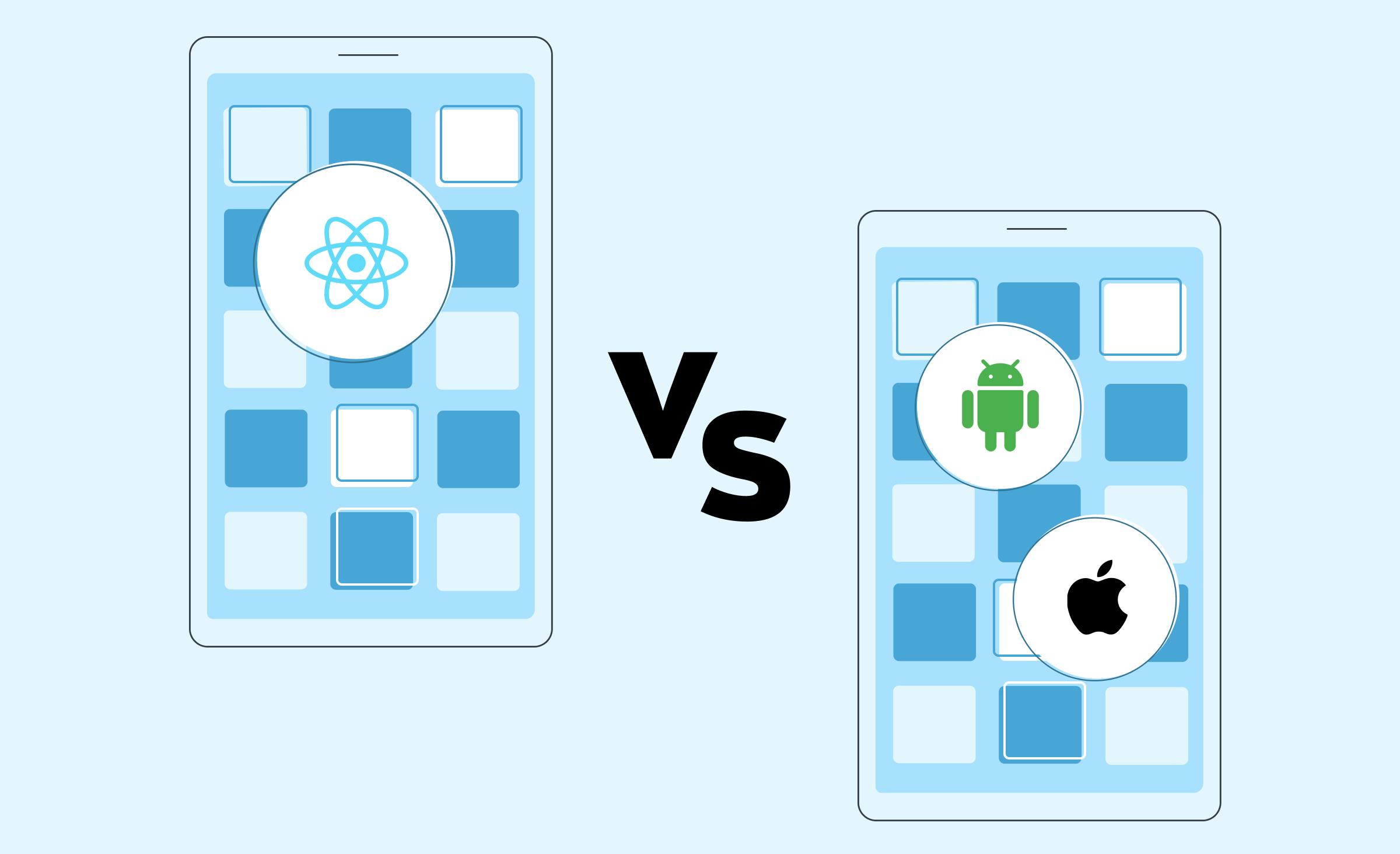 A cover depicting two smartphones in confrontation, one showcasing the React Native logo, and the other displaying both Android and iOS platform logos