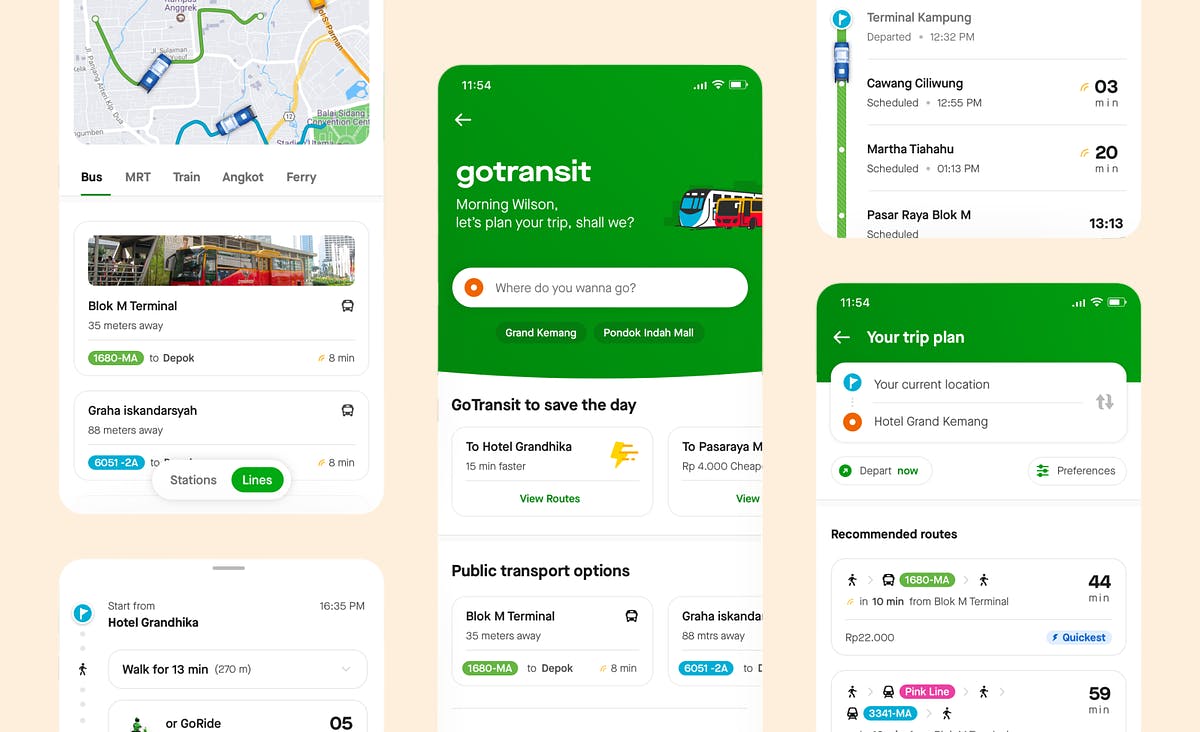 The image displays the interfaces of the GoJek super app. This Indonesian application consolidates various microservices within a single platform, offering functionalities ranging from taxi hailing to grocery shopping.