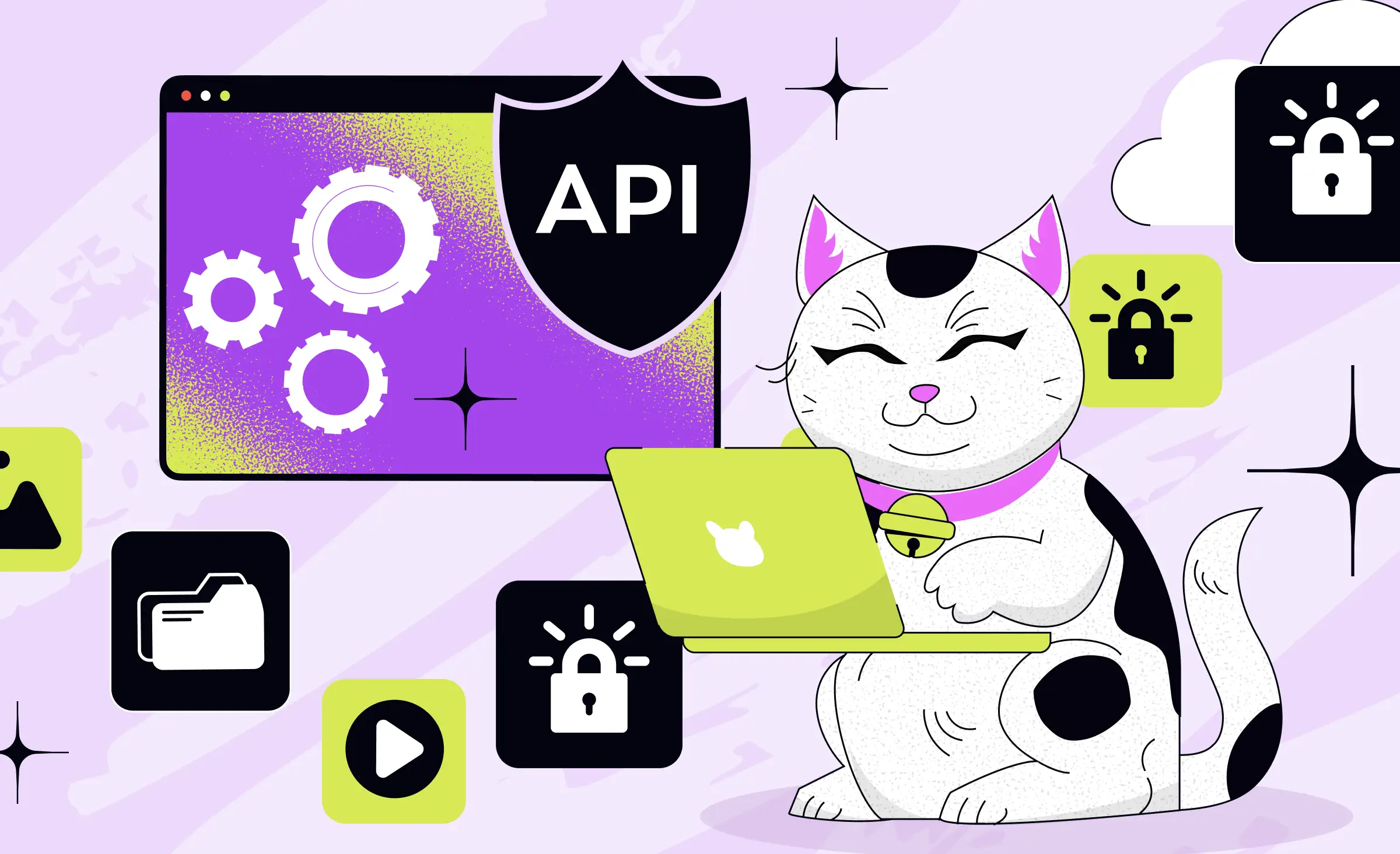 This image illustrates API security best practices by showing a cat working on a laptop, surrounded by secure locks, cloud icons, and a shield labeled "API," highlighting the importance of protecting APIs, data, and digital assets.