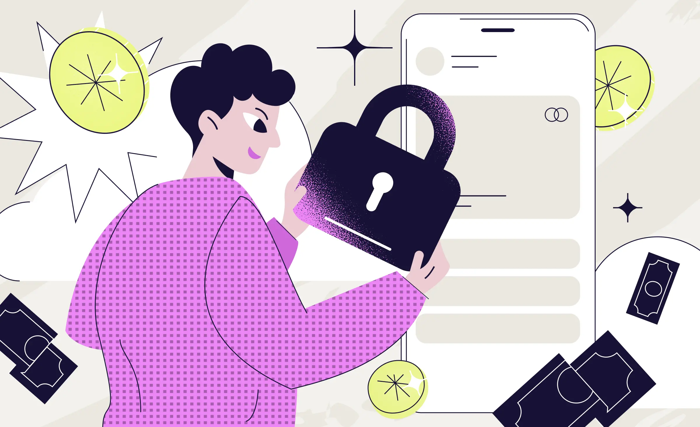 Illustration of a person holding a large padlock in front of a smartphone screen, representing Australia CDR fintech data protection and the security of consumer financial information in digital banking.