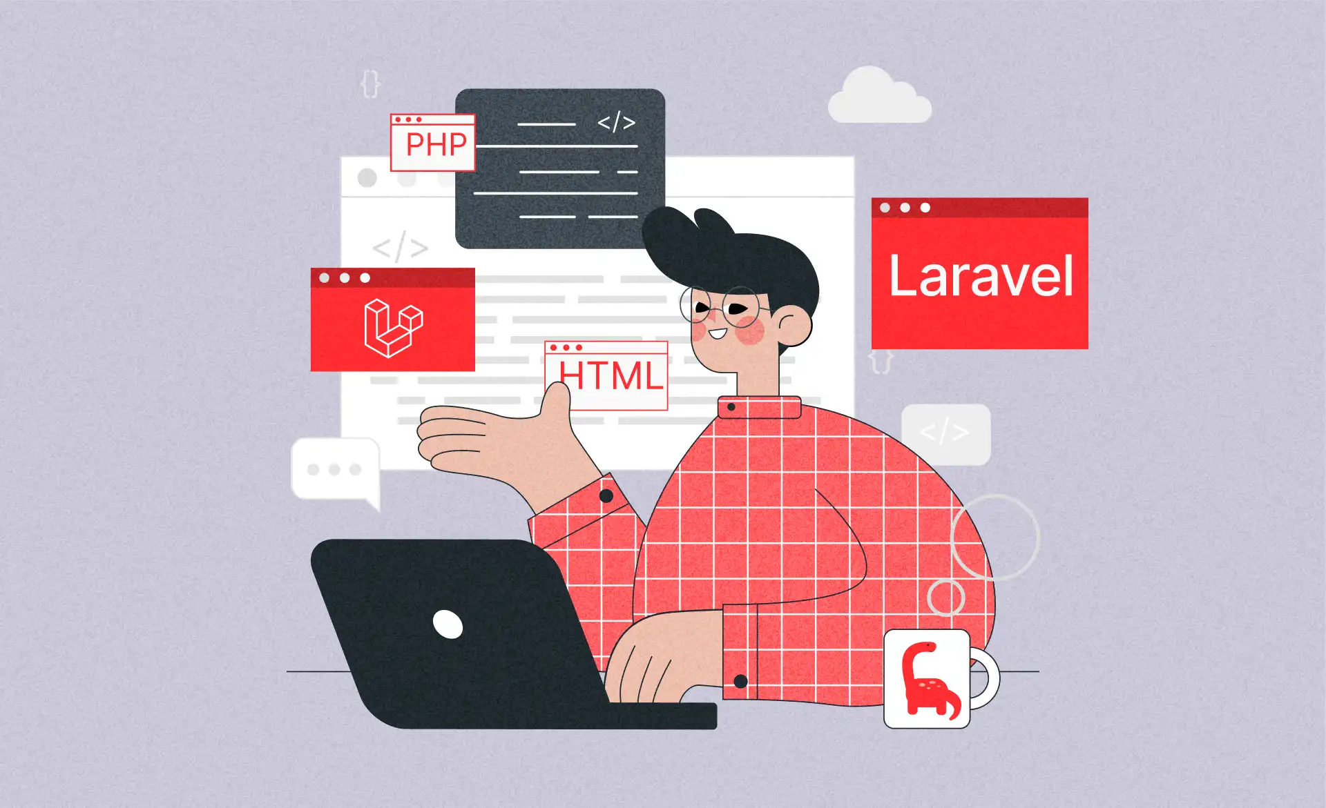 On the cover of an article dedicated to custom Laravel web development, a young man in a plaid shirt and glasses is depicted working on a laptop. Behind him, icons resembling web pages feature technology names like PHP, Laravel, HTML, and one displays the Laravel framework logo.