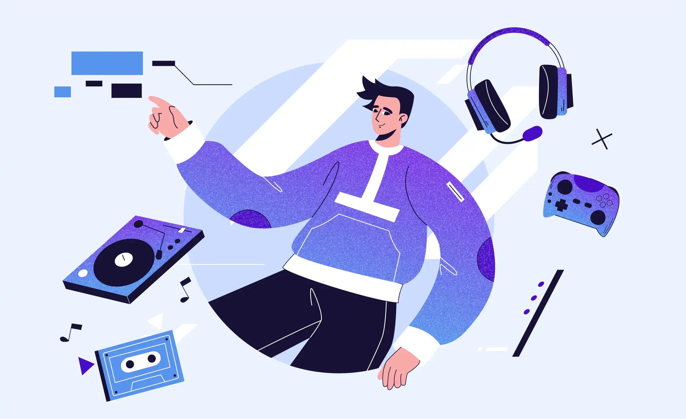 The cover depicts the article content dedicated to media and entertainment software development. in the picture, we see a young man pointing to the interface elements. Various items surround him, including headphones, a flute, a gaming controller, a phonograph, and a cassette.