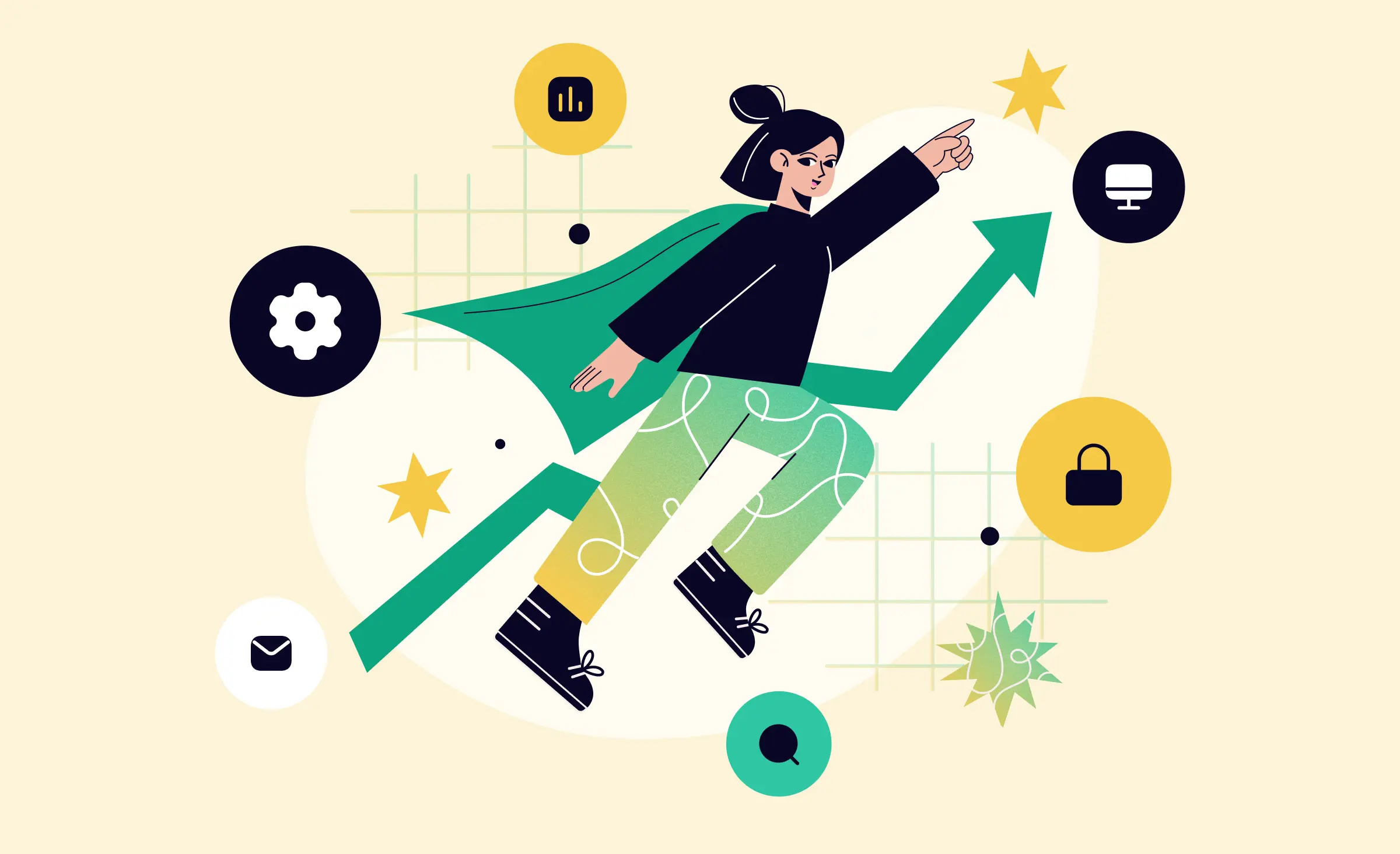 The cover of the article features a woman with a superhero cape flying parallel to an ascending graph scale. Surrounding her are icons representing different aspects of business. the image signifies how enterprise application integration software helps improve business metrics.