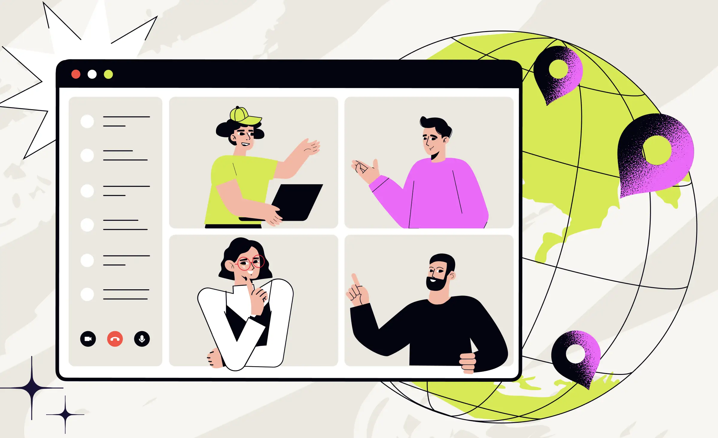 An illustration of a video conferencing interface with four participants, set against a backdrop of a globe with location pins, symbolizing effective global communication and collaboration with remote and outsourced development teams.