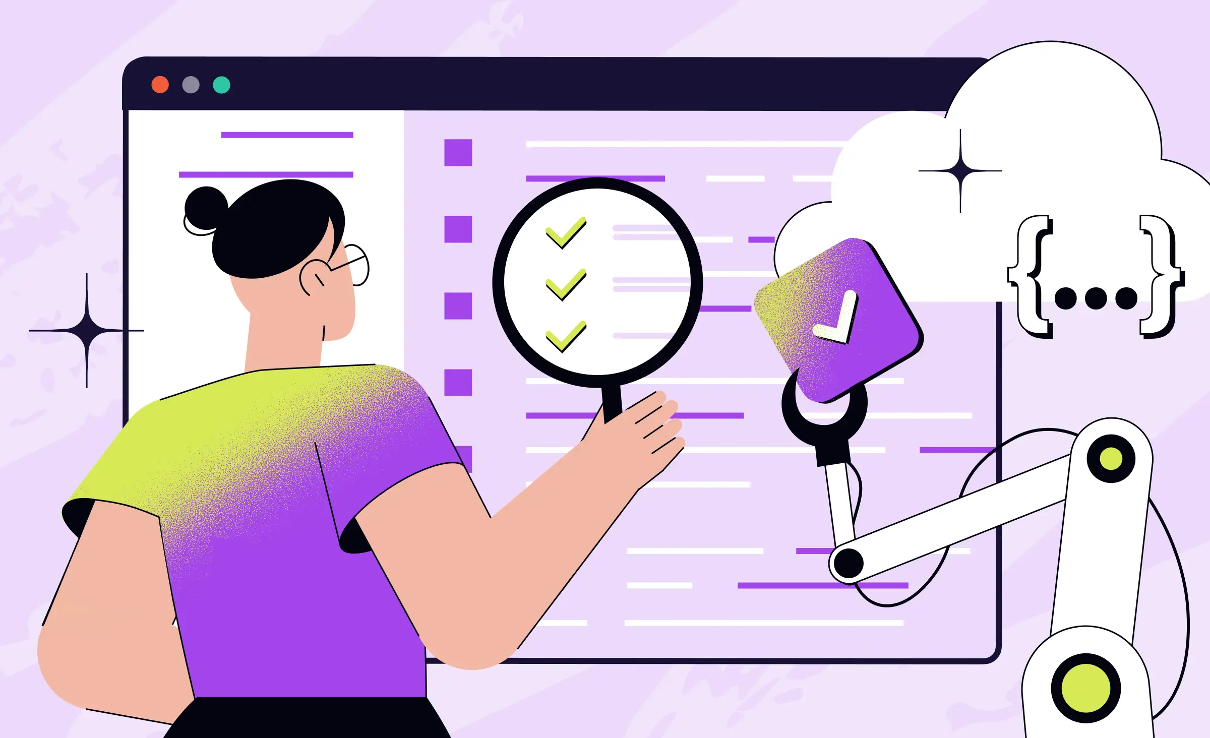 Illustration of a person using a magnifying glass to examine a checklist on a computer screen while a robotic arm interacts with cloud code, representing Explainable AI (XAI) and transparency in artificial intelligence decision making.