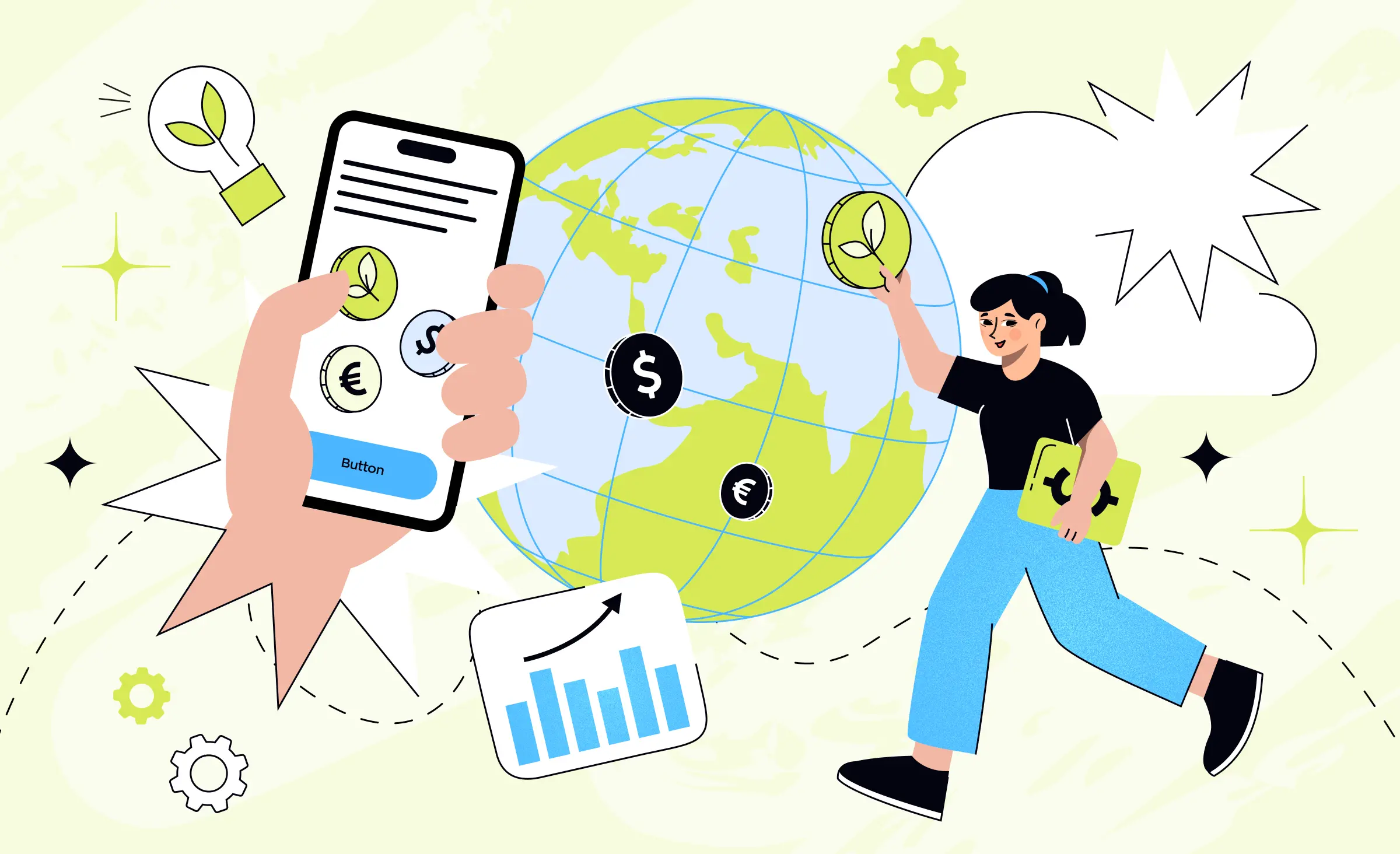 Green FinTech in Europe illustrated with a mobile app, eco coins, financial symbols, and a woman holding a sustainable technology symbol near a globe