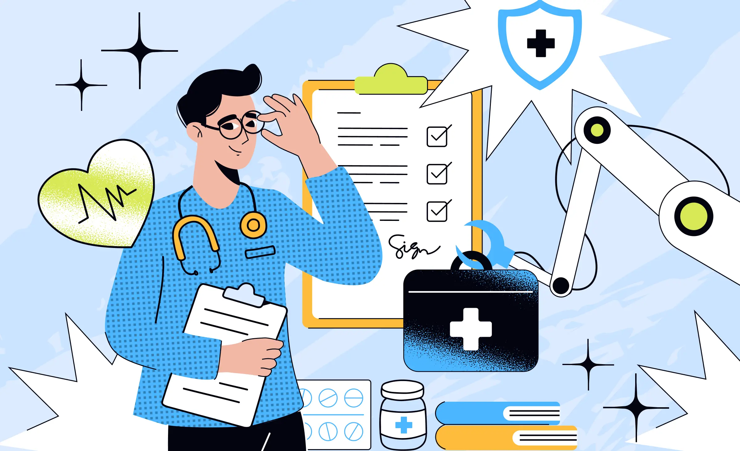 Illustration of a healthcare professional holding a clipboard with checklists, surrounded by medical symbols like a heart monitor, stethoscope, prescription medicine, books, and a medical robot arm. Additional icons include a shield with a cross representing healthcare regulations and compliance. The image conveys the importance of HIPAA and Healthcare Laws and Regulations in the US for safe and secure medical practices.