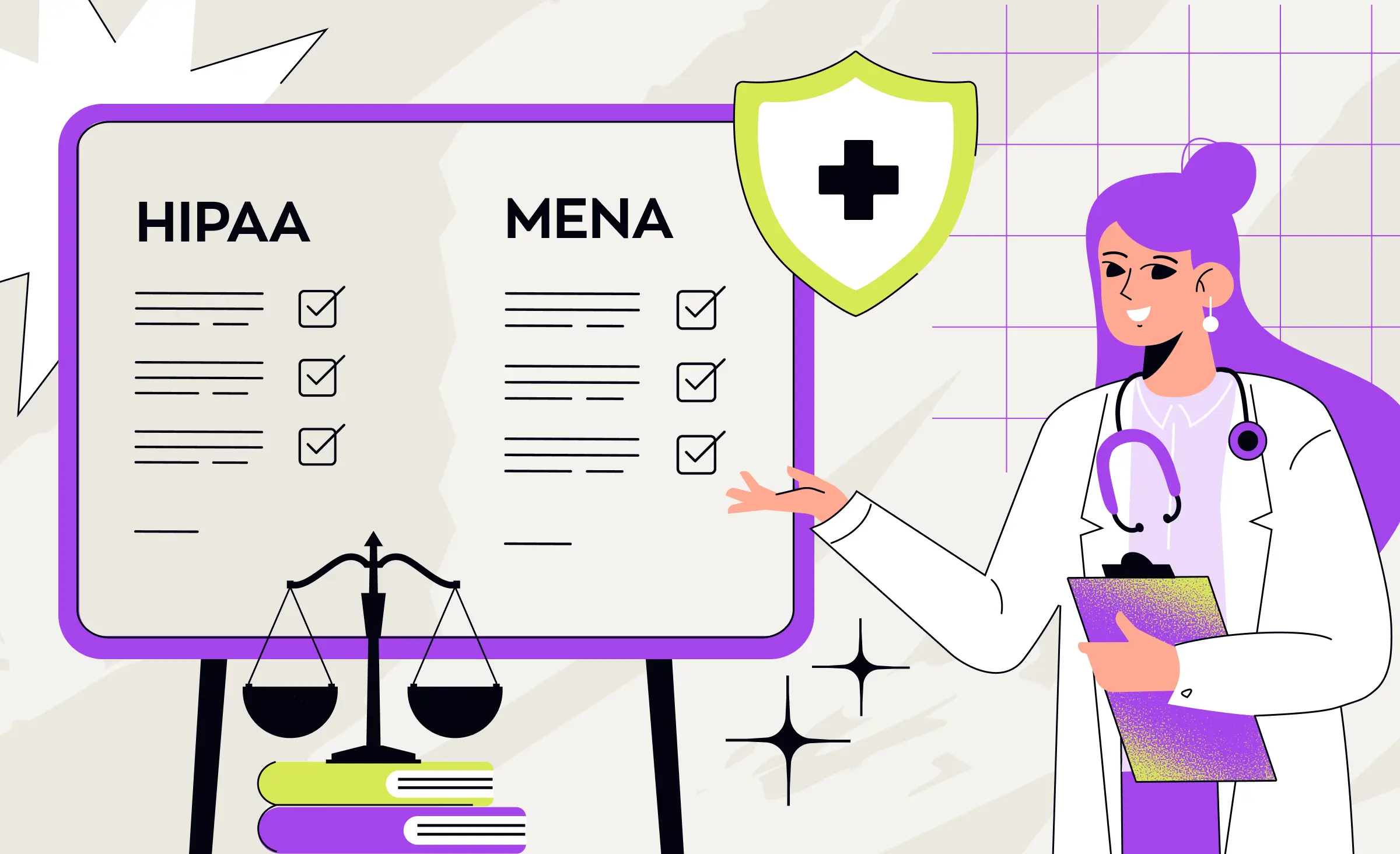 Illustration of a female doctor standing next to a comparison board showing checklists under HIPAA and MENA columns, with symbols like a shield and scales of justice, representing the comparison between HIPAA vs MENA healthcare regulations.