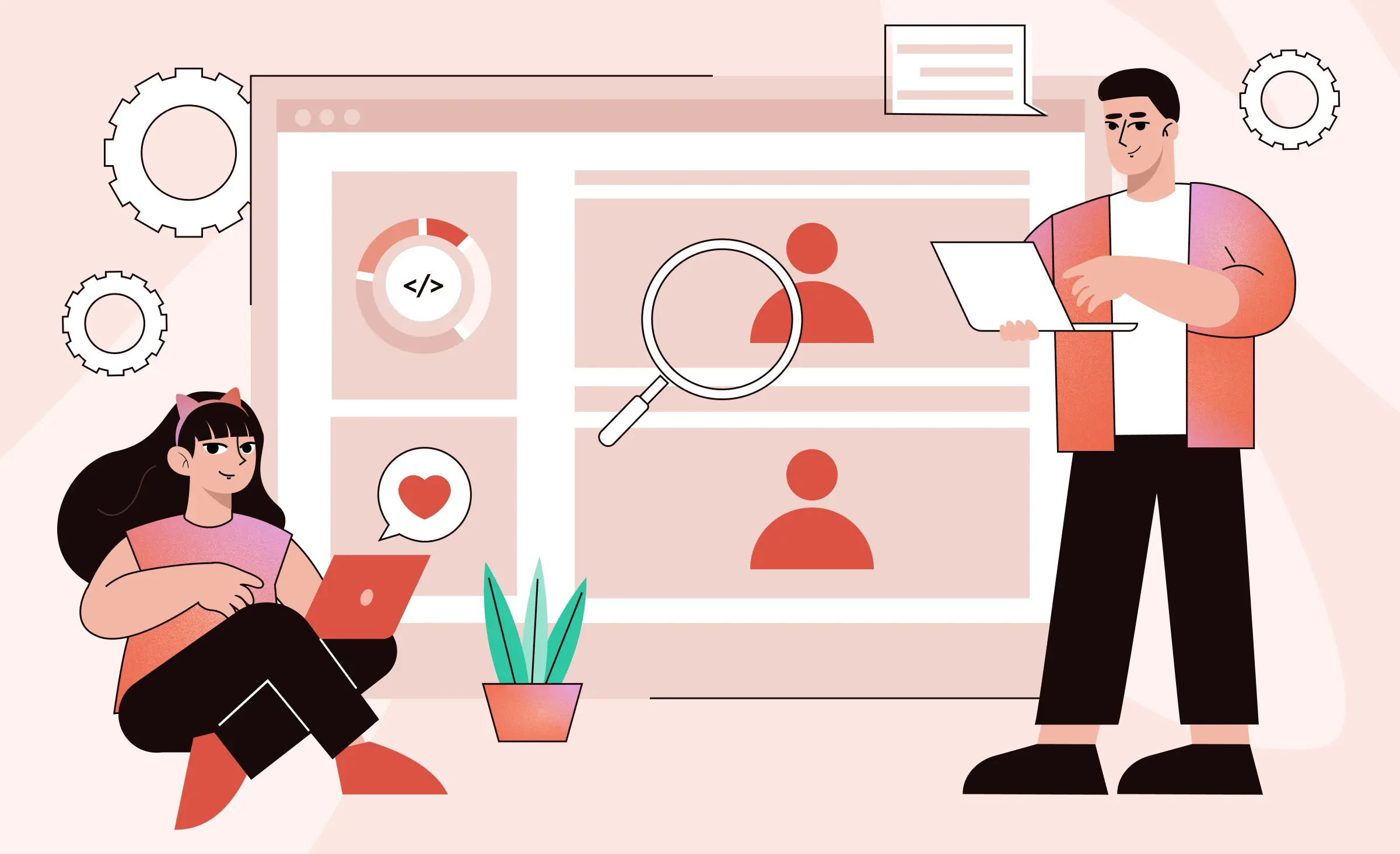 The article cover shows a young woman and a man with laptops. in the background, there are schematic profiles of candidates. the image depicts the process of hiring a dedicated development team.