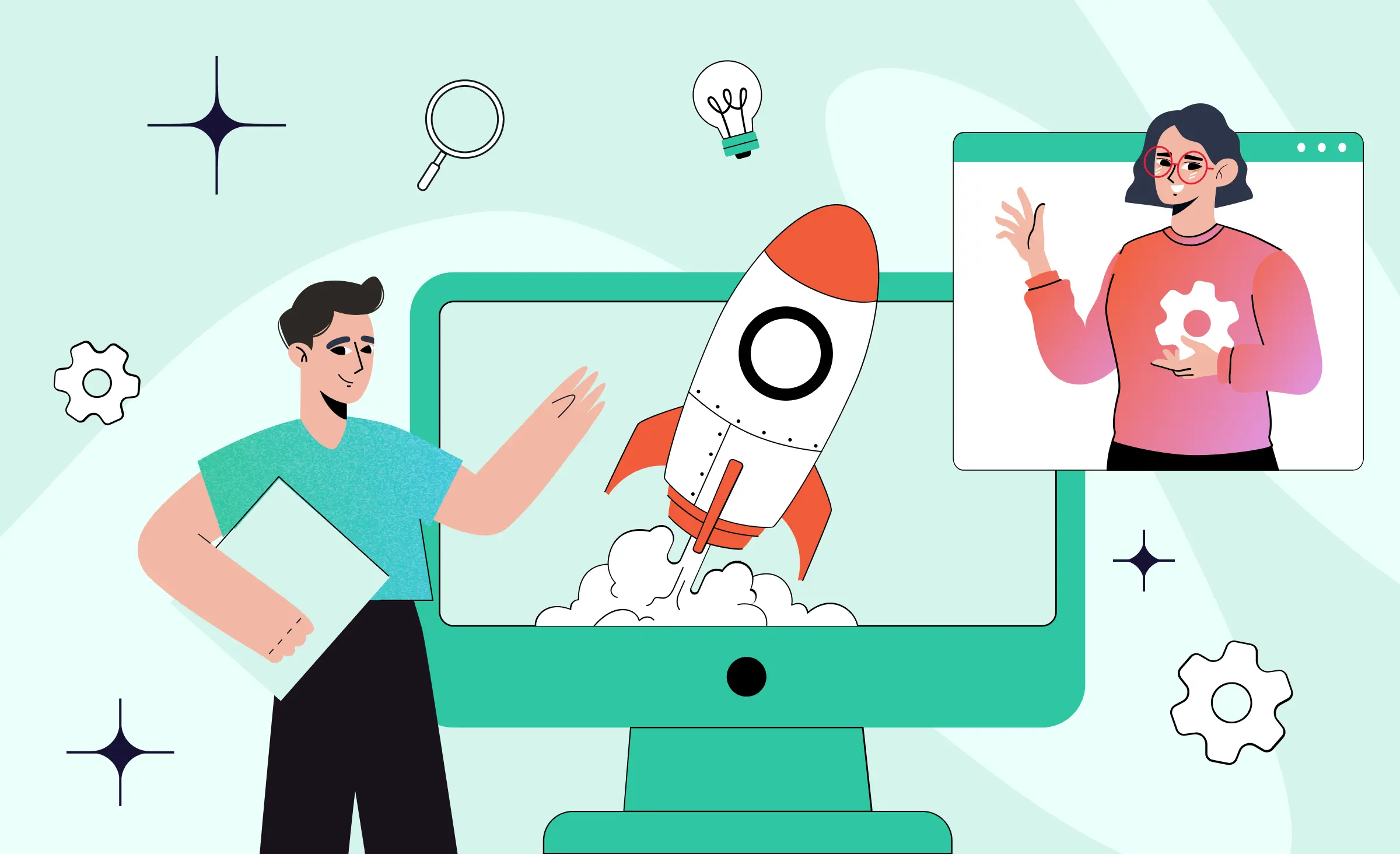 A young man stands in front of a computer screen with a rocket launching from it. a woman appears in a browser window, symbolizing an outsourced development team that will help launch the pilot project.