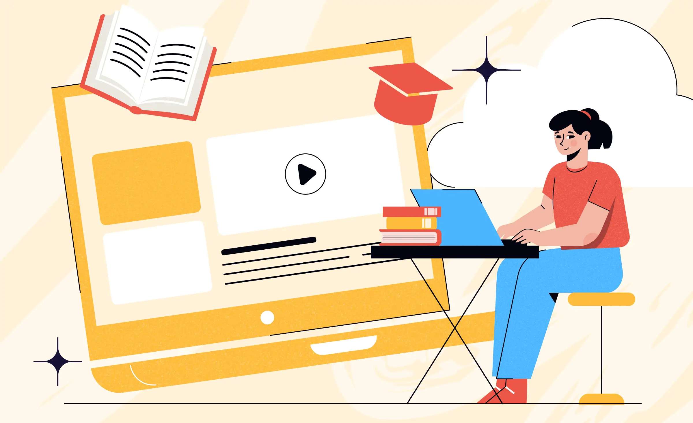 Woman using a laptop for learning with digital adoption platform elements like books, video lessons, and a graduation cap