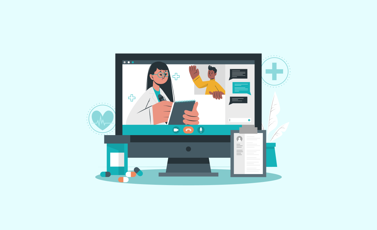 The cover of the article illustrates its title, "Implementing Healthcare Software: Best Practices for System Integration." It shows a desktop interface where a doctor is chatting with a patient. Nearby lie medications and a clipboard with the patient’s data.