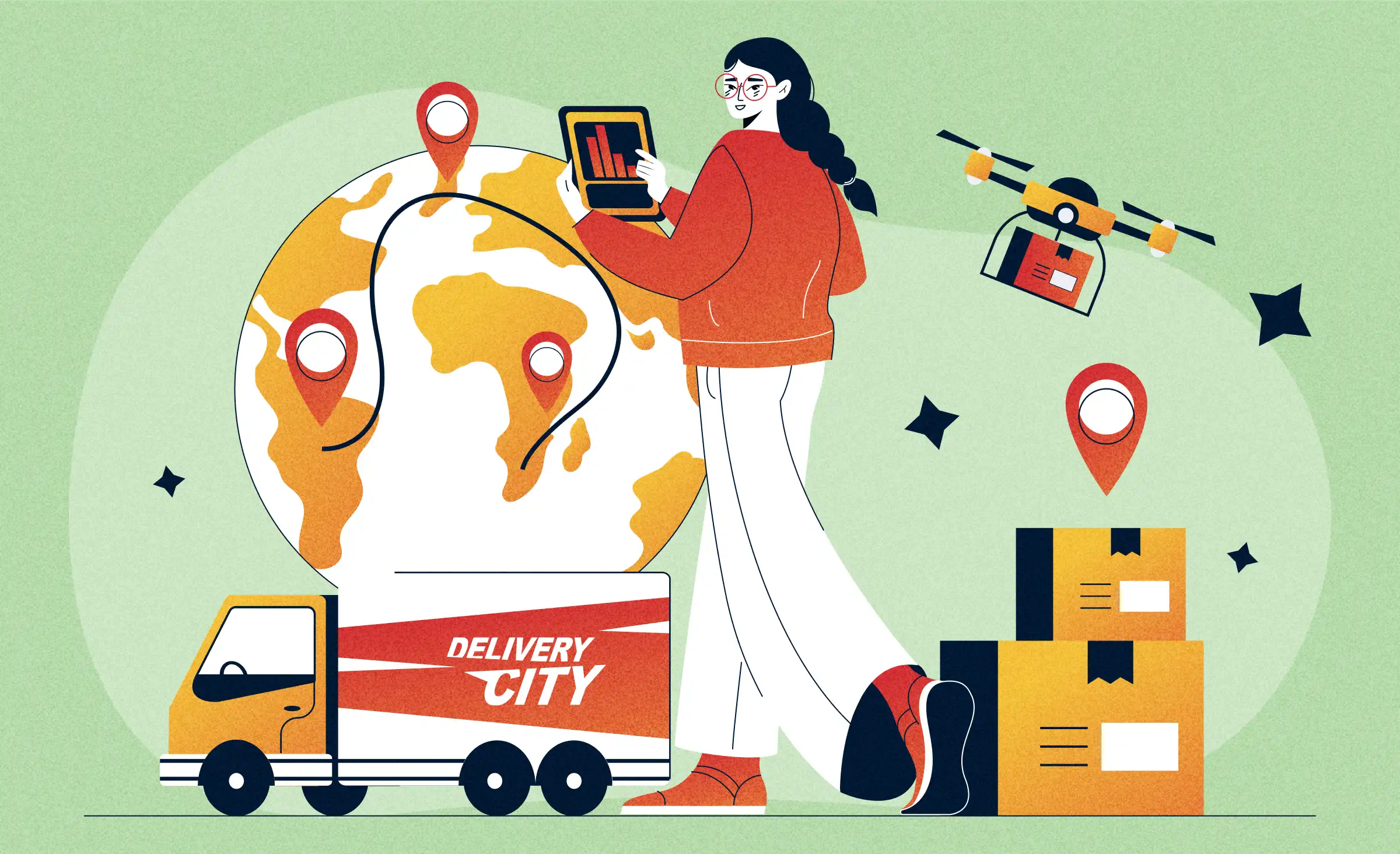 The article cover depicts logistics software development, resulting in a robust tool for managing the supply chain process. a girl at the front is studying stats on her tablet. in the background, we see a ferry delivering products, parcels ready for delivery, a drone carrying a box, and a globe with map pins symbolizing delivery destinations.