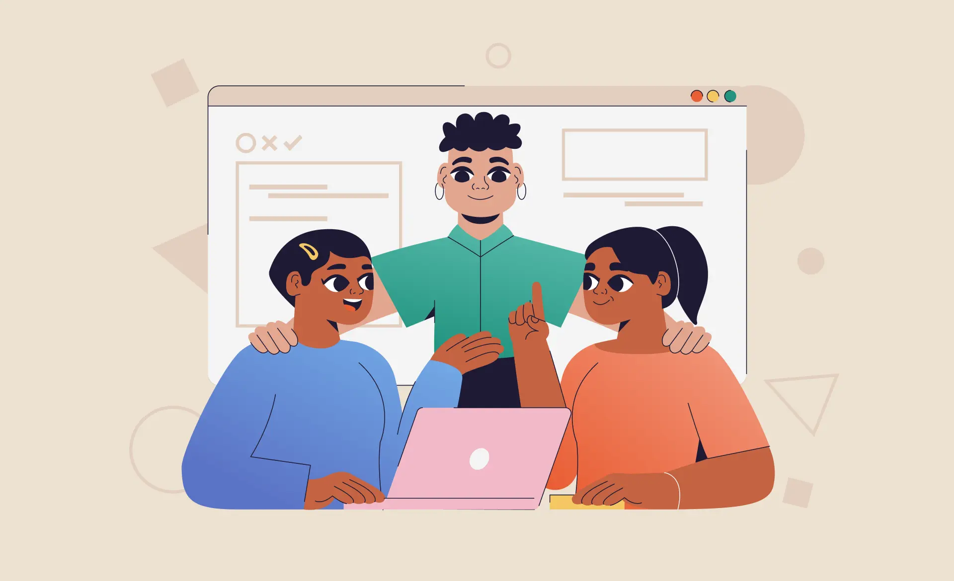 The cover of the article "When It’s Time to Outsource Software Development: for Startups" features three individuals sitting at a laptop, engaged in an enthusiastic discussion. in the background, there is the interface of a web application. This imagery symbolizes an emerging startup.