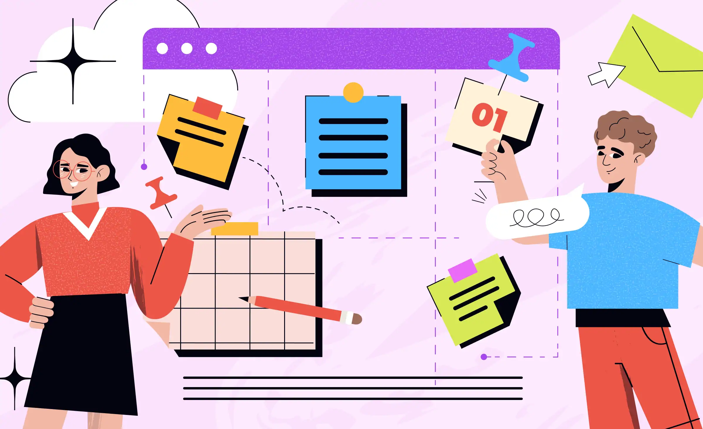 Illustration of two team members organizing tasks and notes on a digital board and calendar, representing strategies for reducing IT project chaos and improving workflow management.