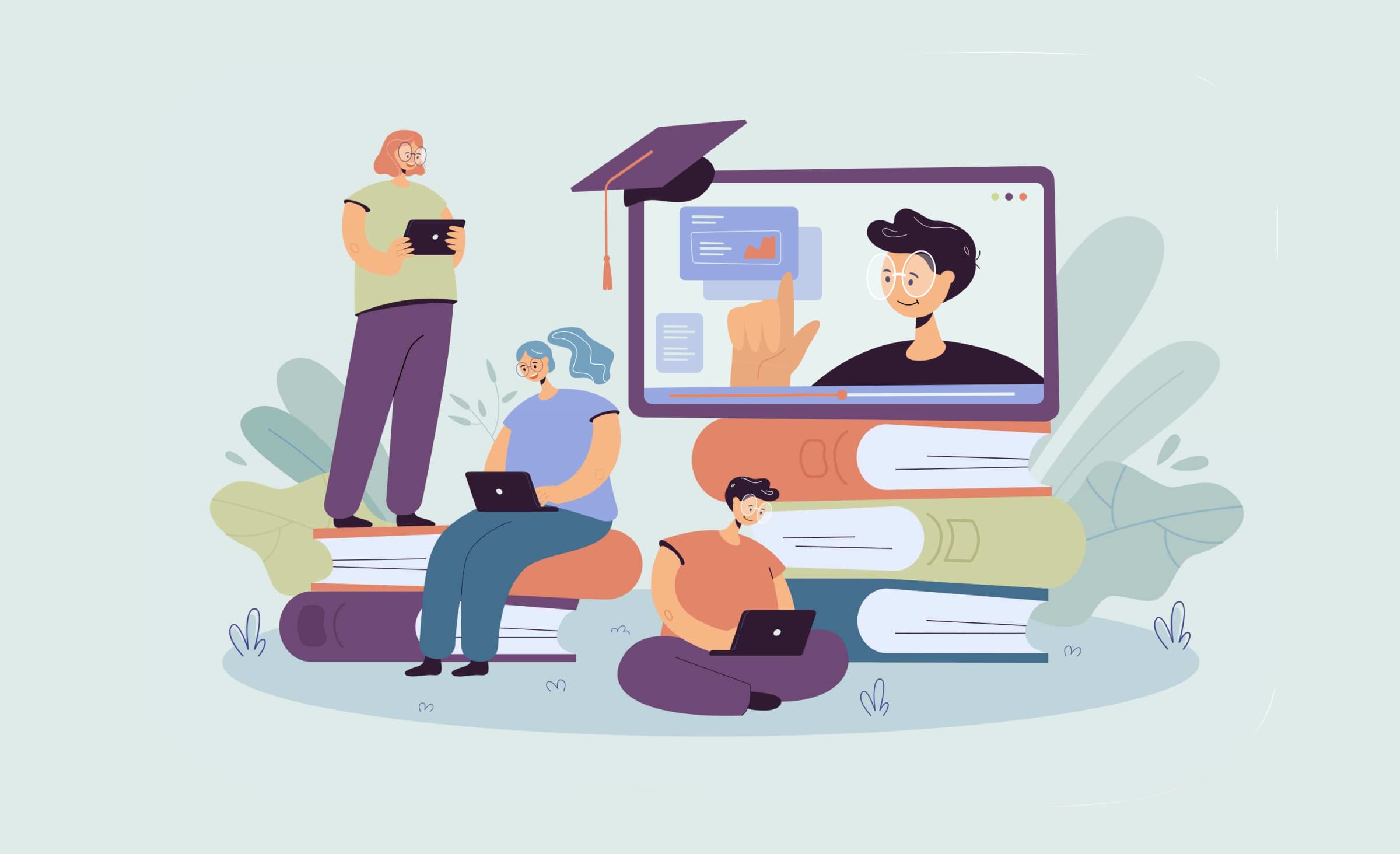 An illustration of studying people reflecting the outcomes of implementing a learning management system