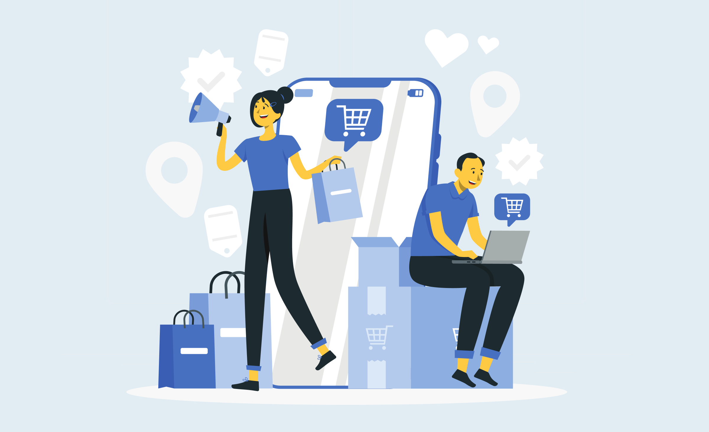 A cover showing a man and woman selling and buying products via devices. the cover demonstrates the power of mobile app development in modern operations