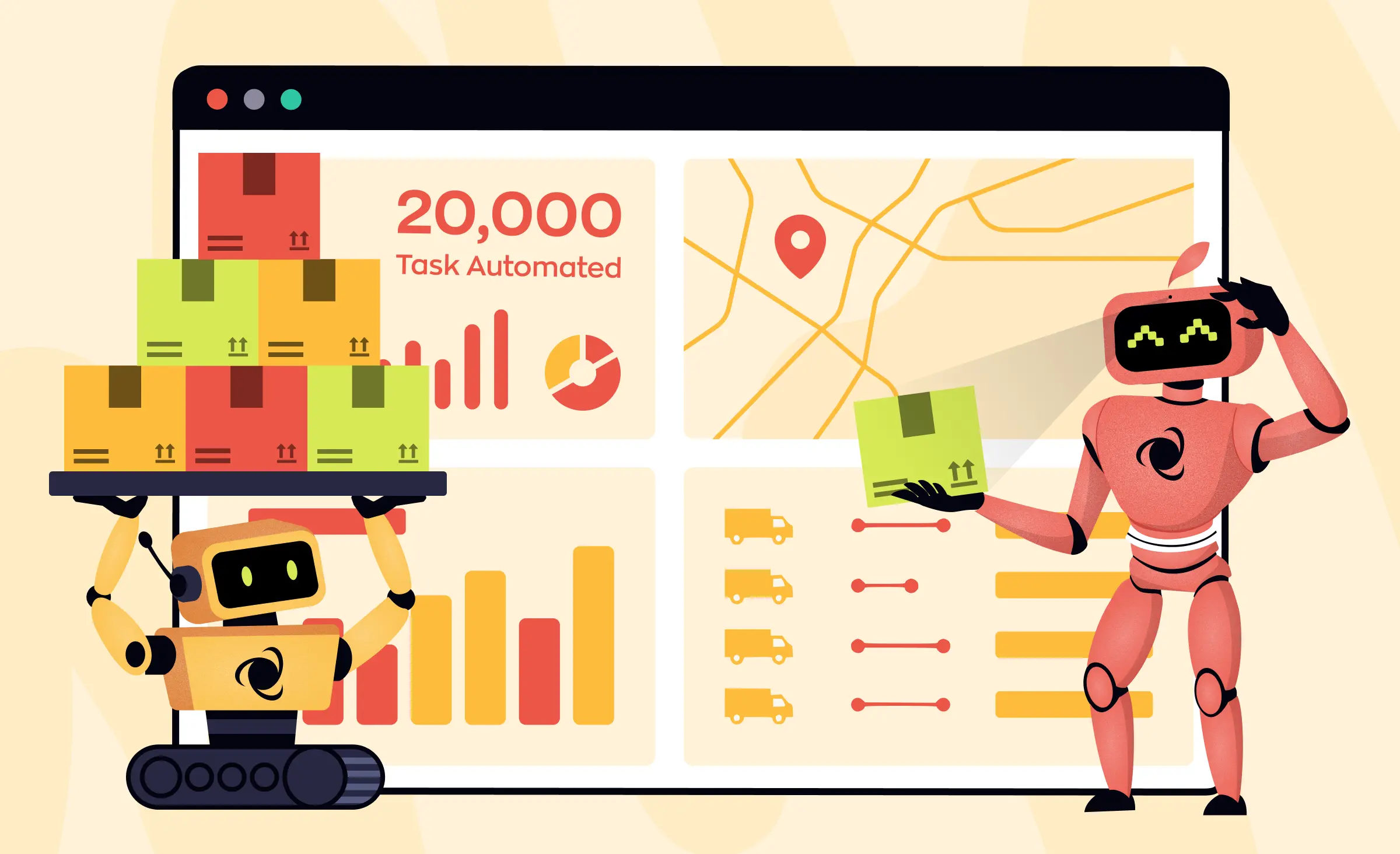 Illustration showing two robots handling packages in front of a dashboard with statistics, graphs, and a map, representing the use of RPA in logistics and transportation for automating package tracking and delivery processes.