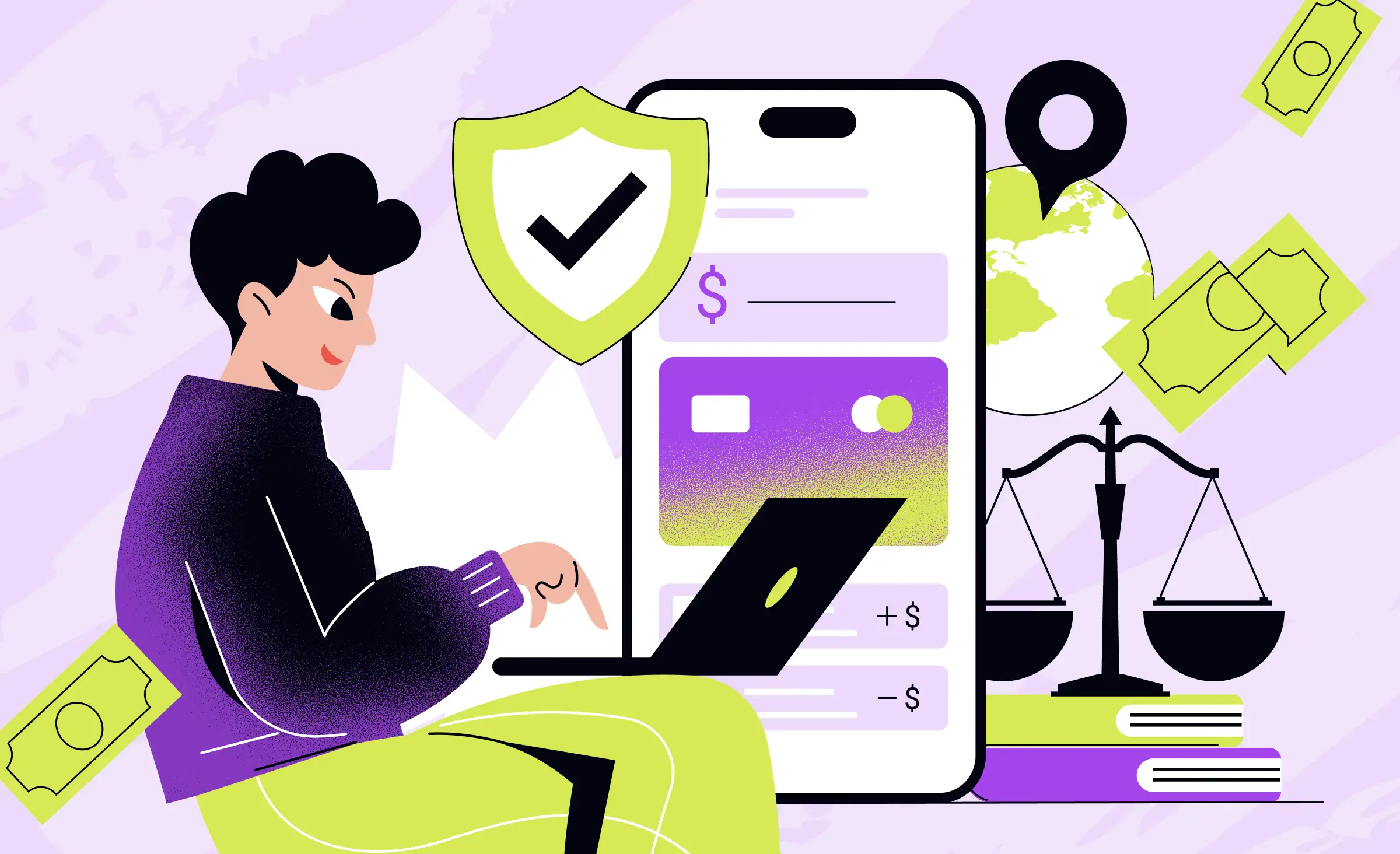 Illustration of a person using a laptop with a smartphone displaying a payment app, surrounded by security shield, scales of justice, and currency symbols, representing digital finance and US fintech regulations compliance.
